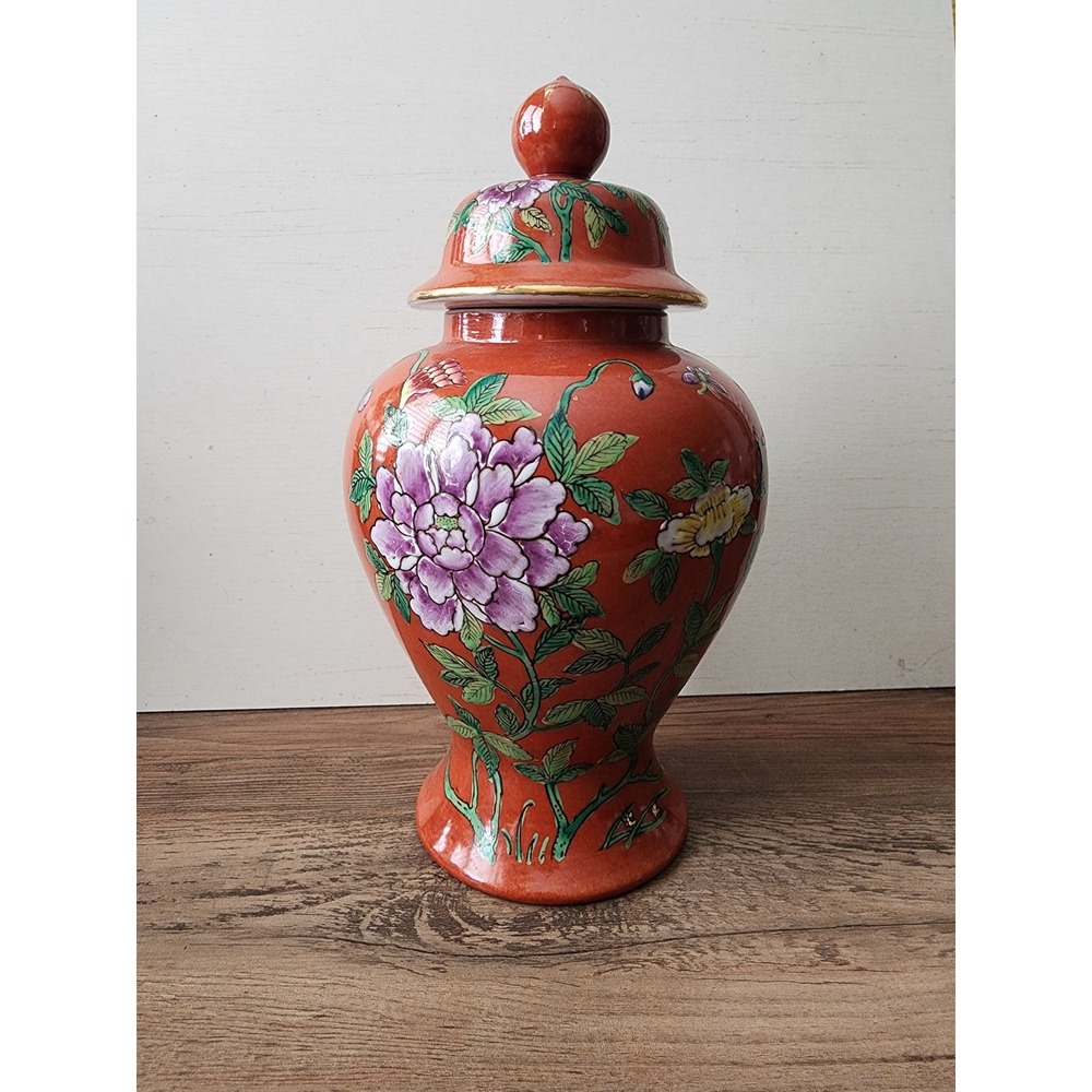 Vintage Limoges Style Covered Ginger Jar Vase Coral Orange Floral